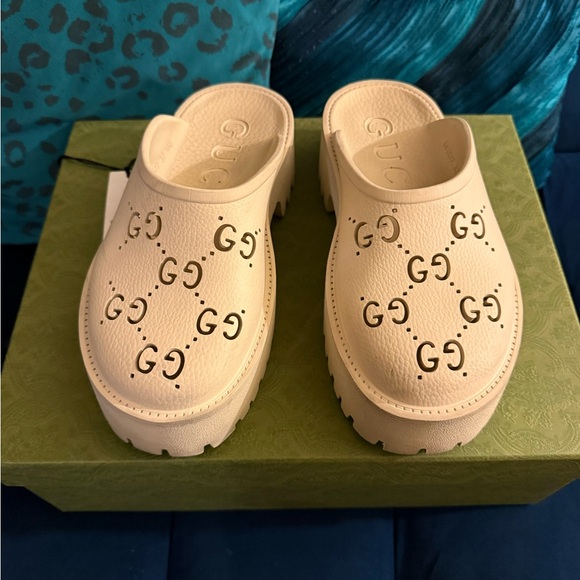 Gucci Shoes - Gucci Cream Perforated GG Platform Clog Mules
